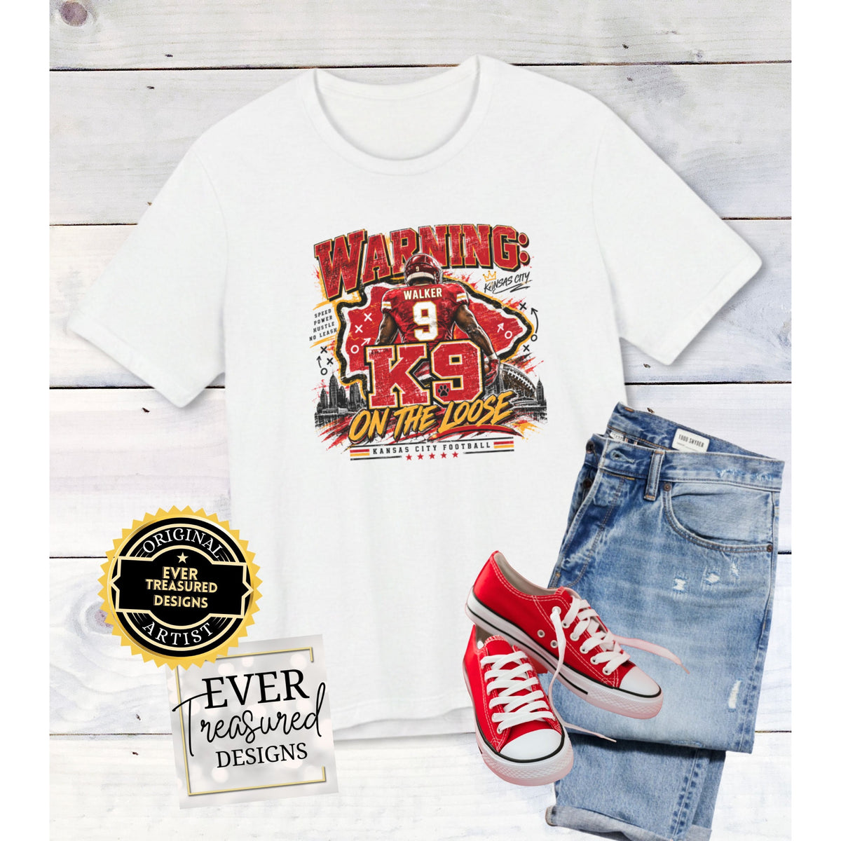 White t-shirt with Kansas City football graphic: "Warning: K9 On The Loose."