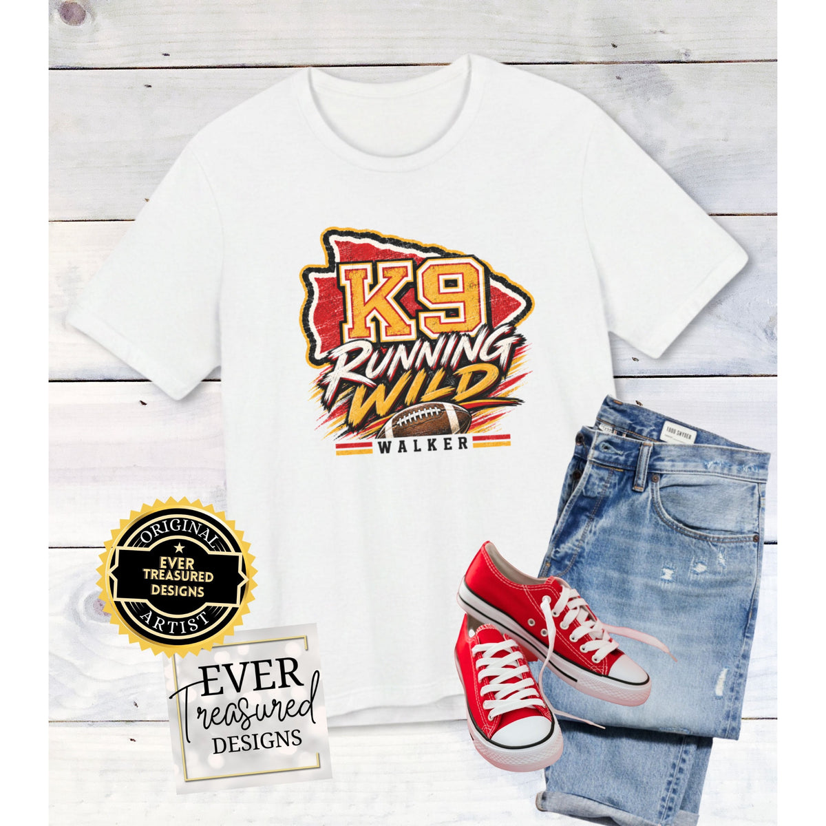 White t-shirt with "K9 Running Wild" and a football graphic.