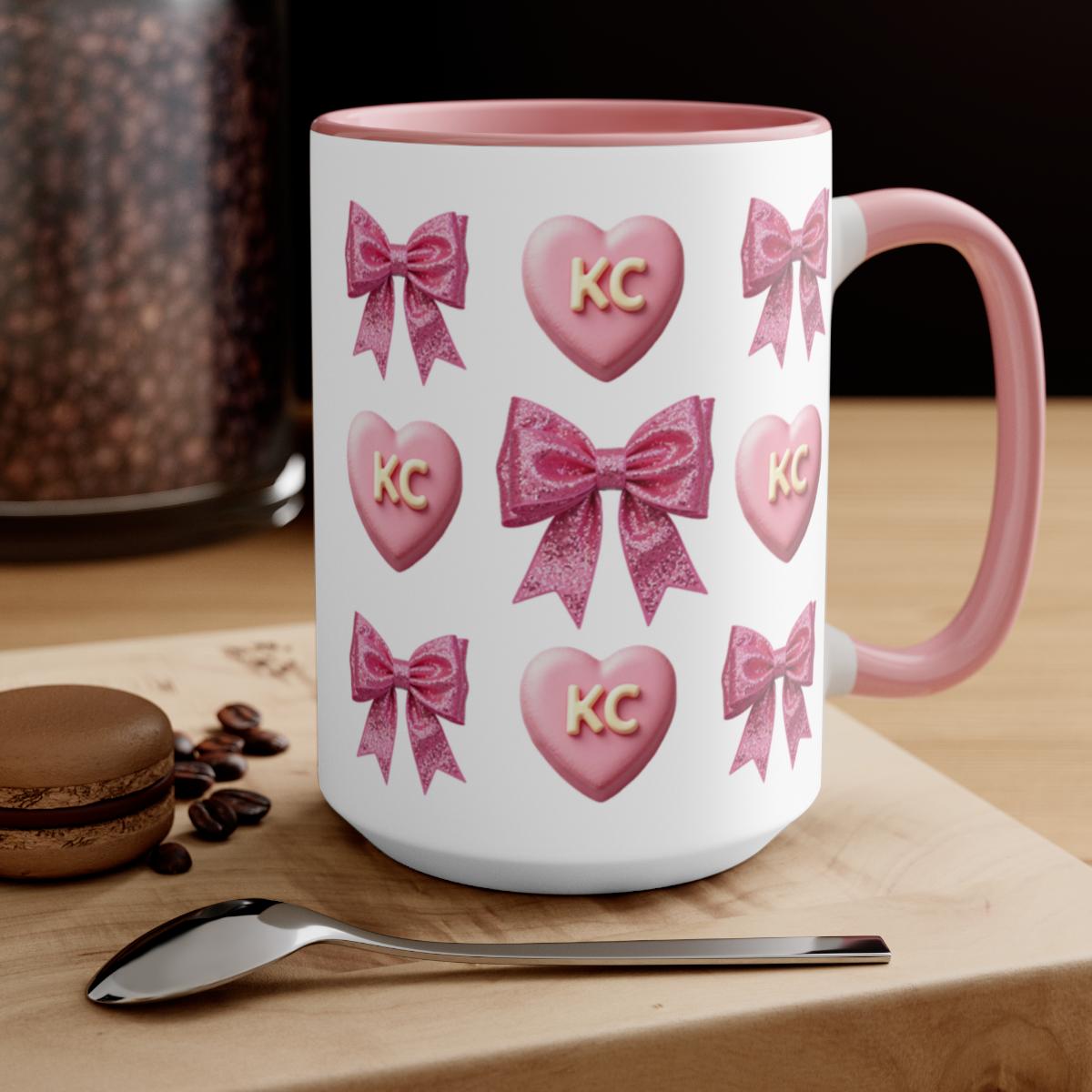 Pink heart mug with bows, KC letters mug, cute coffee mug, pink and white design, gift for her, unique pattern mug, feminine mug