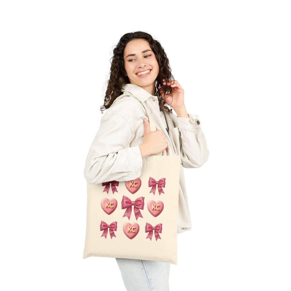 Tote bag with hearts and bows design, reusable shopping bag, eco-friendly tote, trendy printed bag, gift for her, stylish accessory