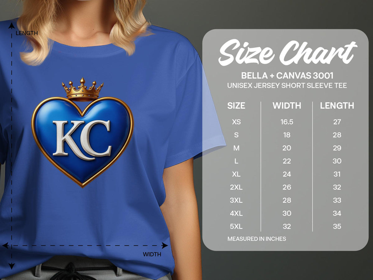 KC Heart Unisex Jersey Short Sleeve Tee, Royal Blue Crown Logo Shirt, Casual Graphic T-Shirt, Bella Canvas 3001 Sizes XS-5XL