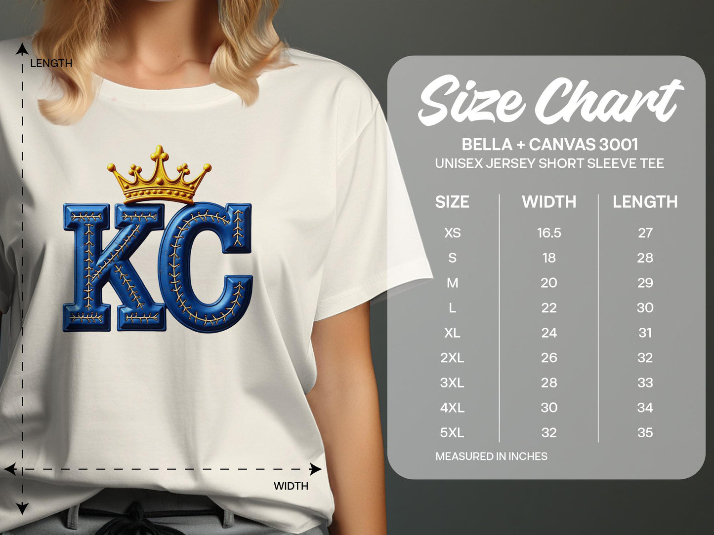 Unisex Bella + Canvas short sleeve tee with blue "KC" logo and crown.