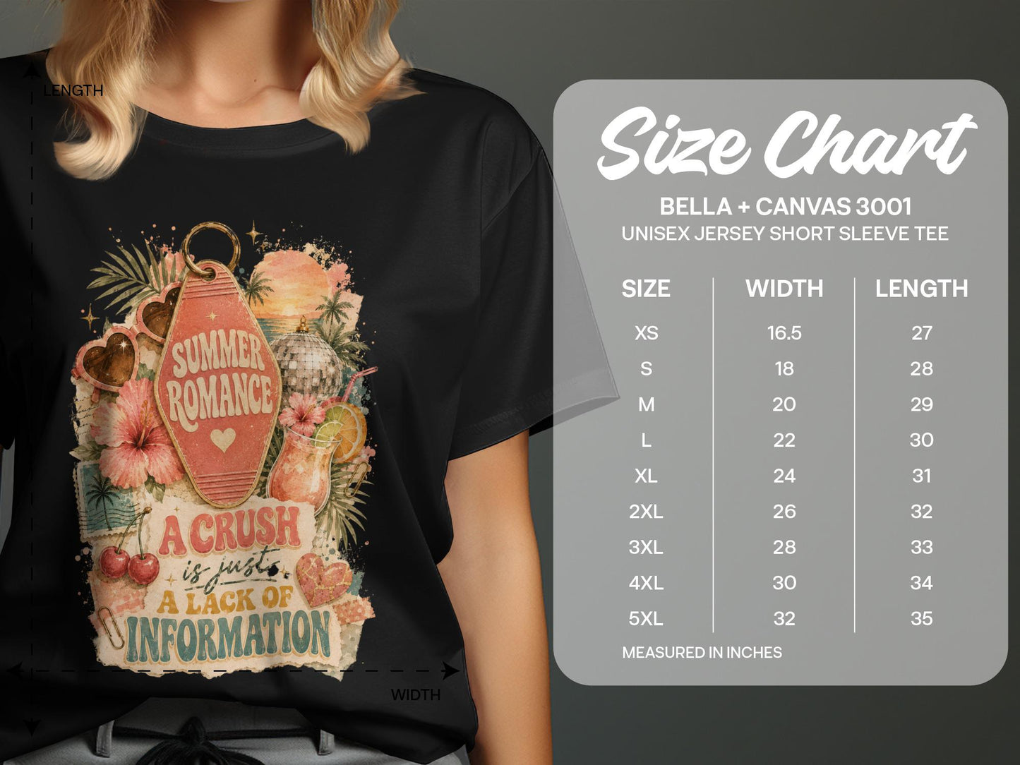 Black t-shirt with "Summer Romance" and "A Crush Is Just A Lack Of Information" graphic. Includes size chart.