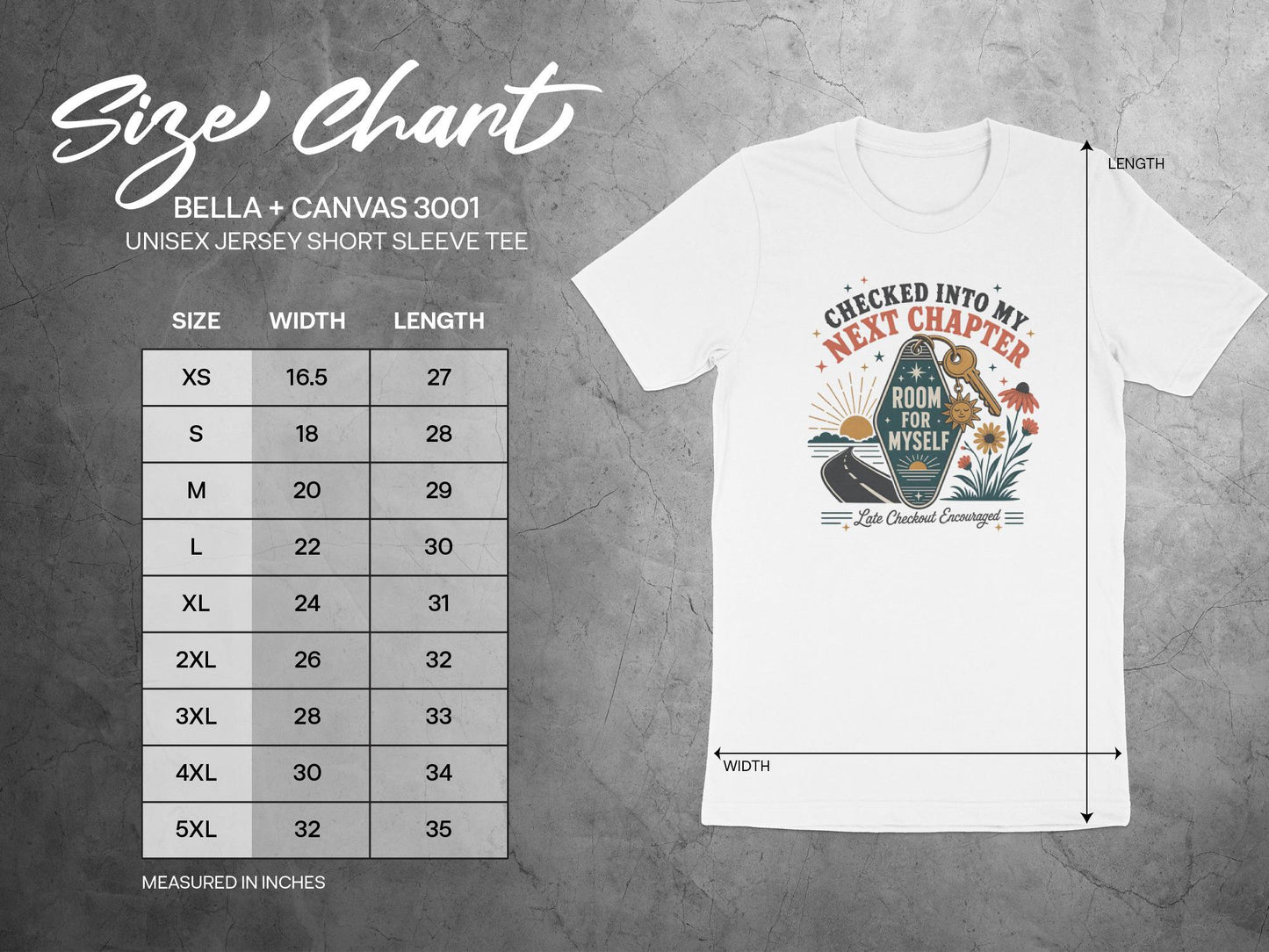 Bella + Canvas 3001 Unisex jersey size chart showing width and length measurements.