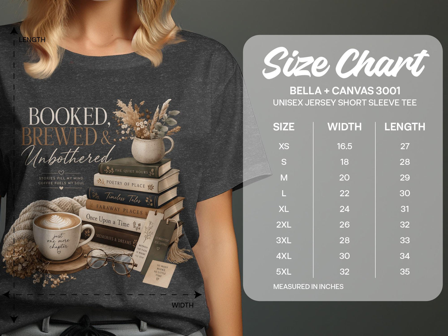 Dark t-shirt with "Booked, Brewed & Unbothered" graphic and size chart.
