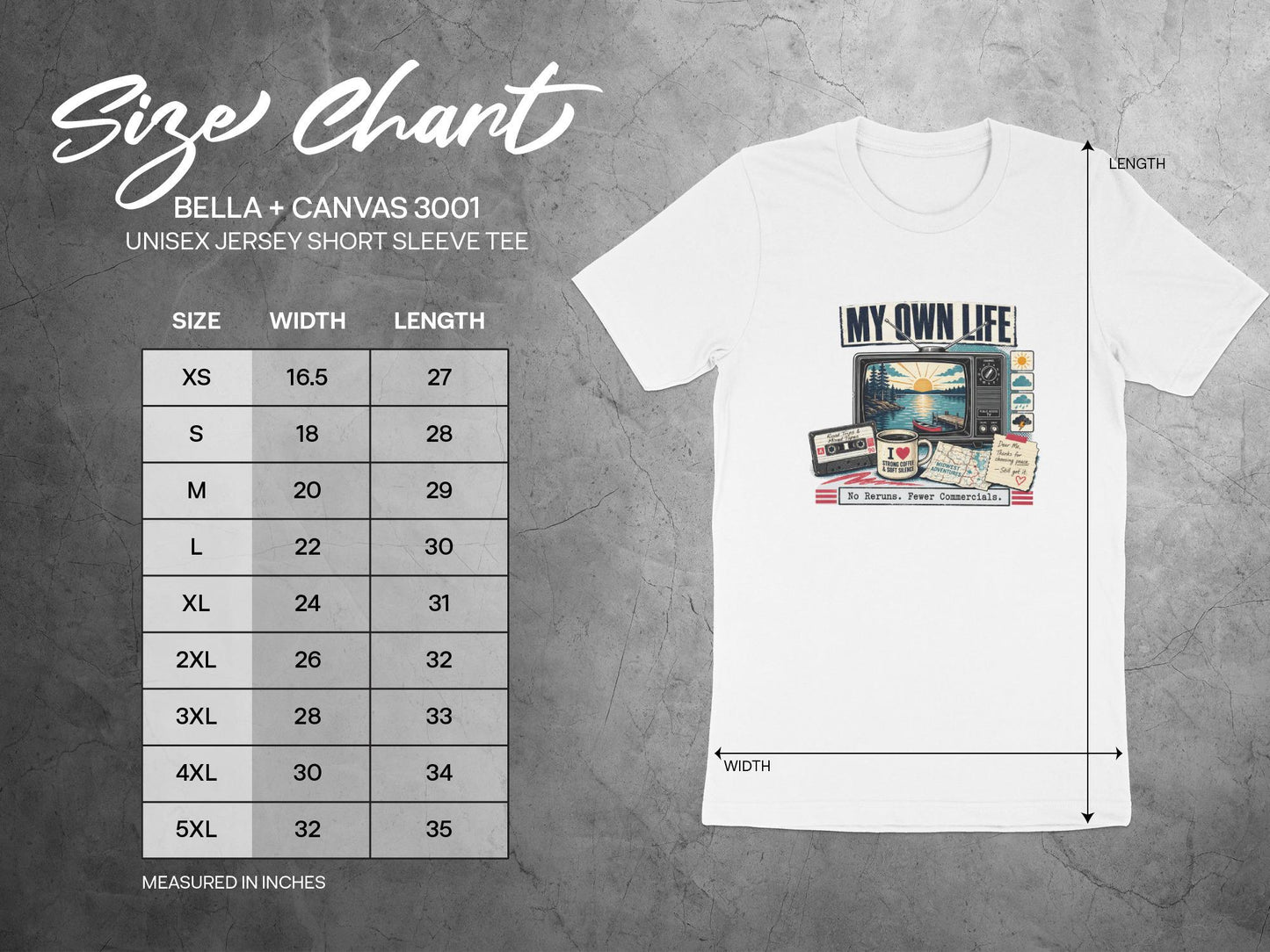 Size chart for Bella + Canvas 3001 Unisex Jersey Short Sleeve Tee.