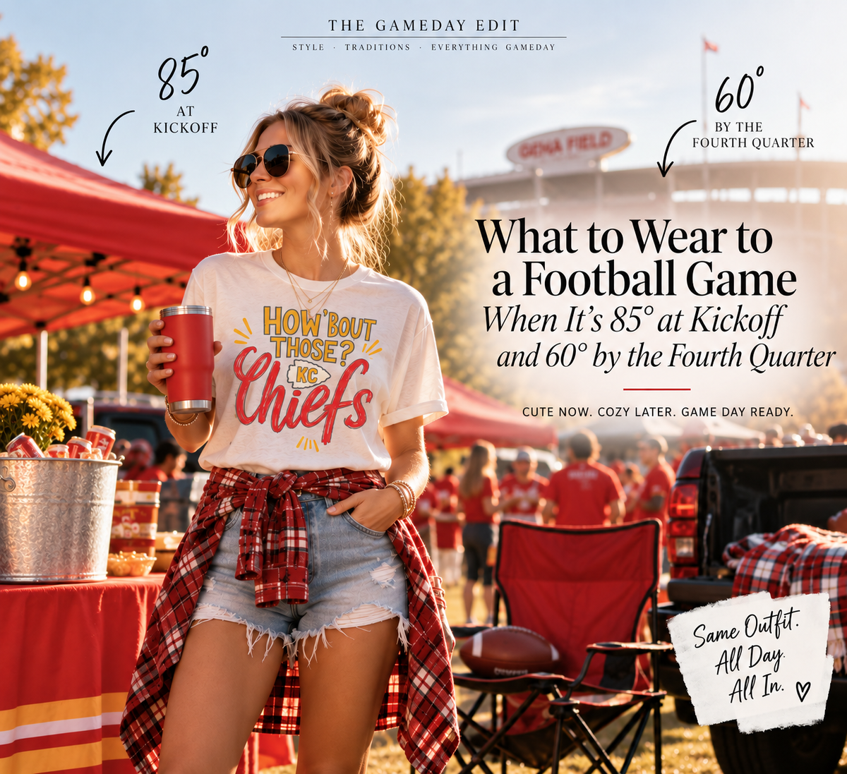 The Gameday Edit football tailgate outfit for an 85 degree kickoff and 60 degree fourth quarter