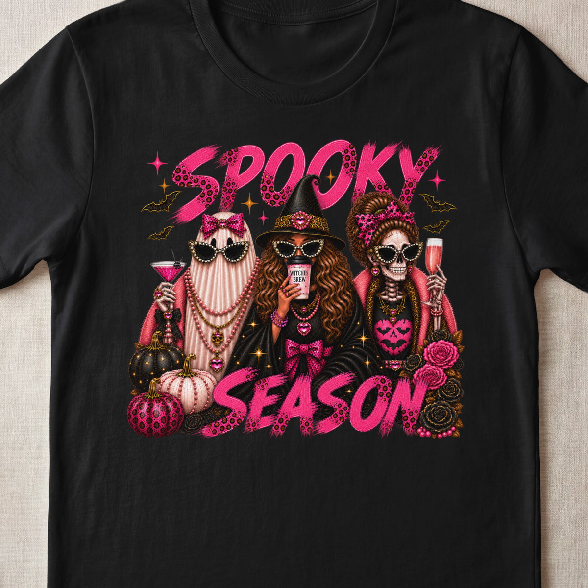 Ghost, witch, and skeleton characters with "Spooky Season" text and pink Halloween motifs.