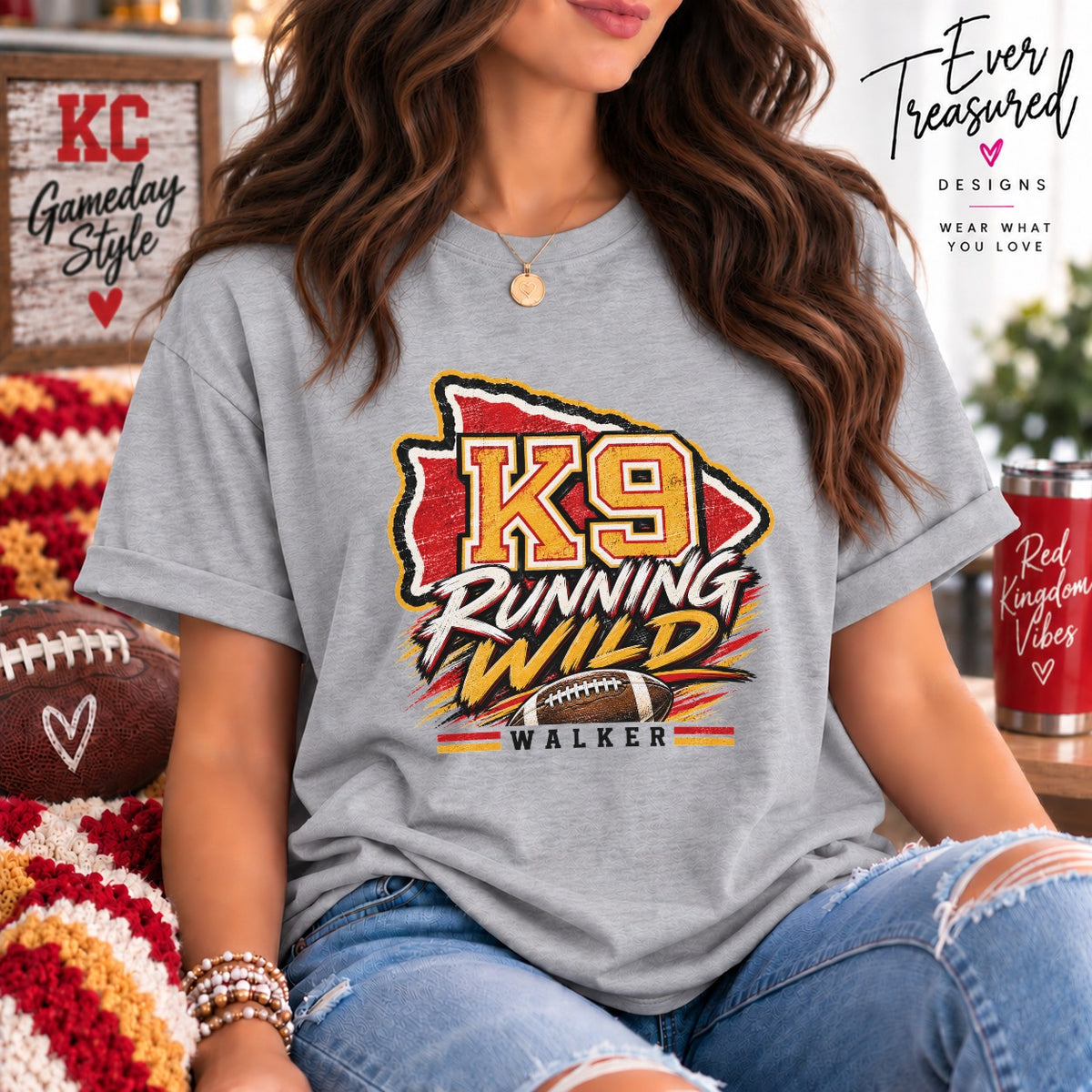 Gray t-shirt with K9 Running Wild graphic and football, "Walker" text.