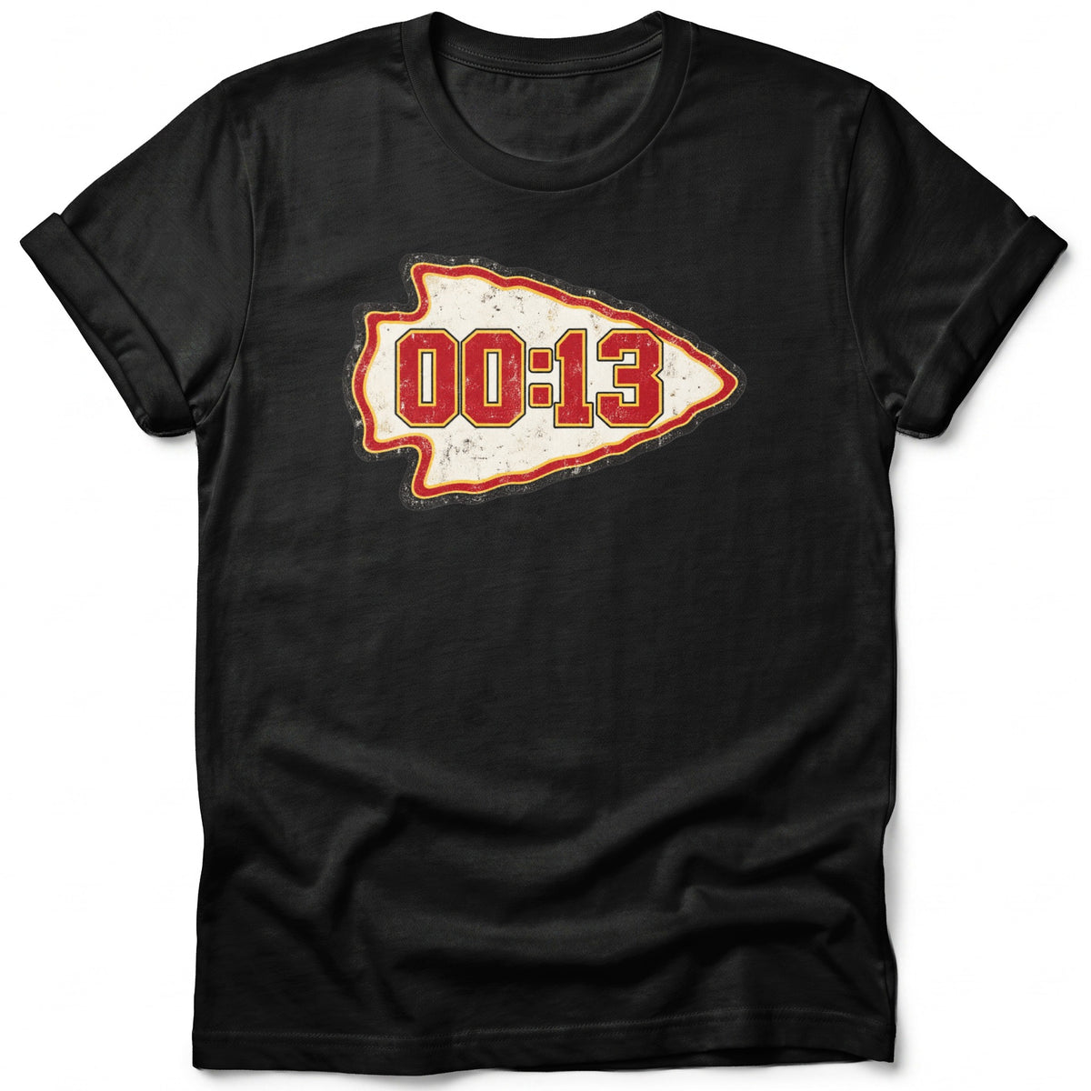 Black t-shirt with a distressed arrowhead logo featuring "00:13".