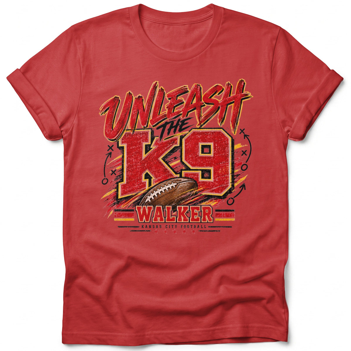 Red t-shirt with "Unleash The K9 Walker Kansas City Football" text and football graphic.