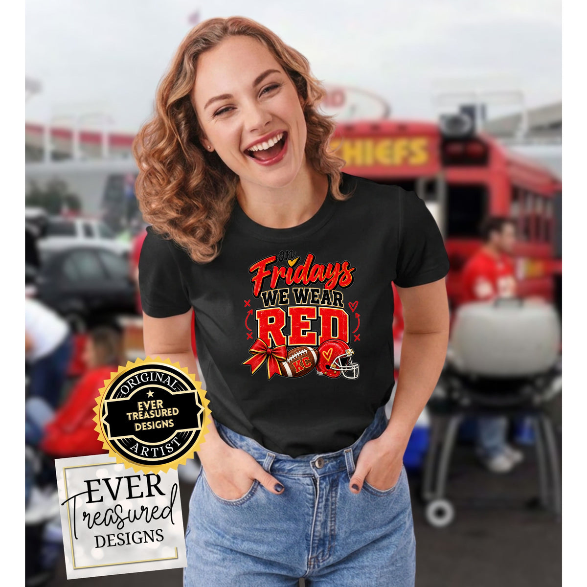 Black t-shirt with "On Fridays We Wear Red" graphic featuring football and helmet.