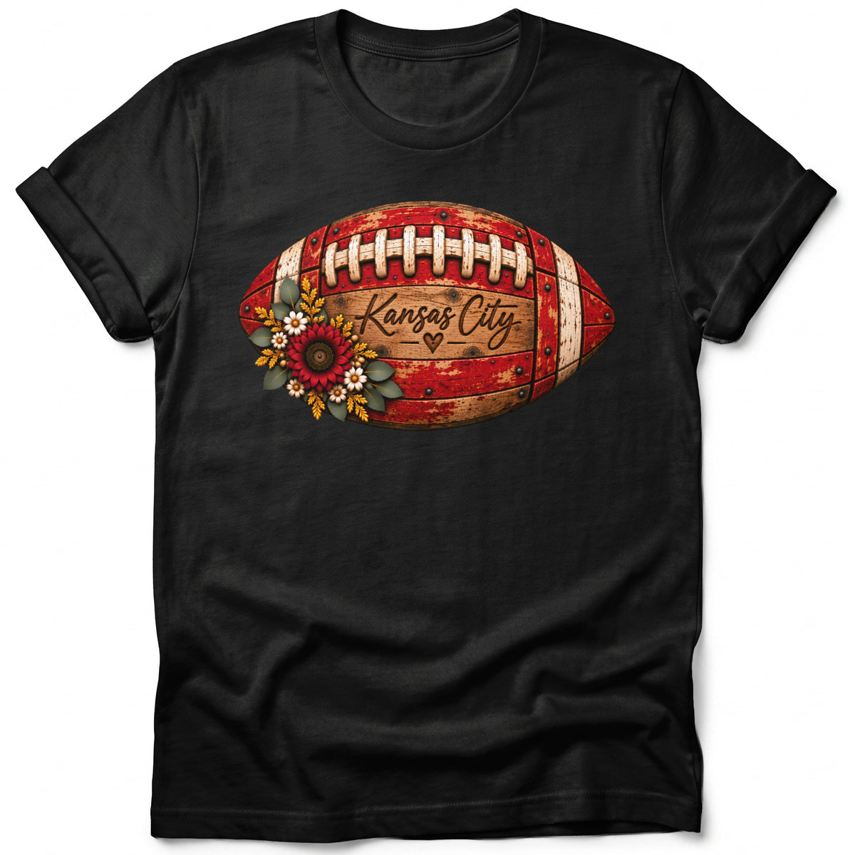 Black t-shirt with a distressed football graphic featuring "Kansas City" and floral accents.