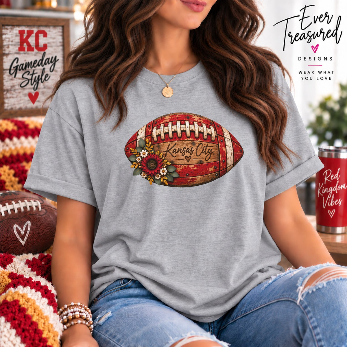 Gray t-shirt with a distressed football graphic that says "Kansas City".