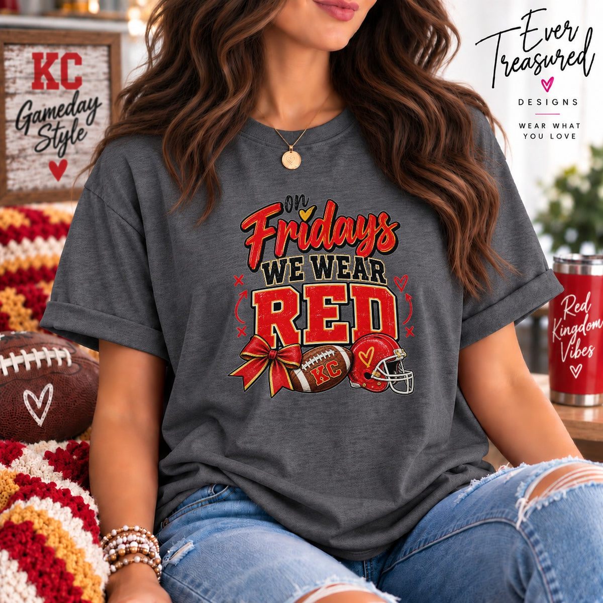 "On Fridays We Wear Red" graphic tee with football, helmet, and bow.