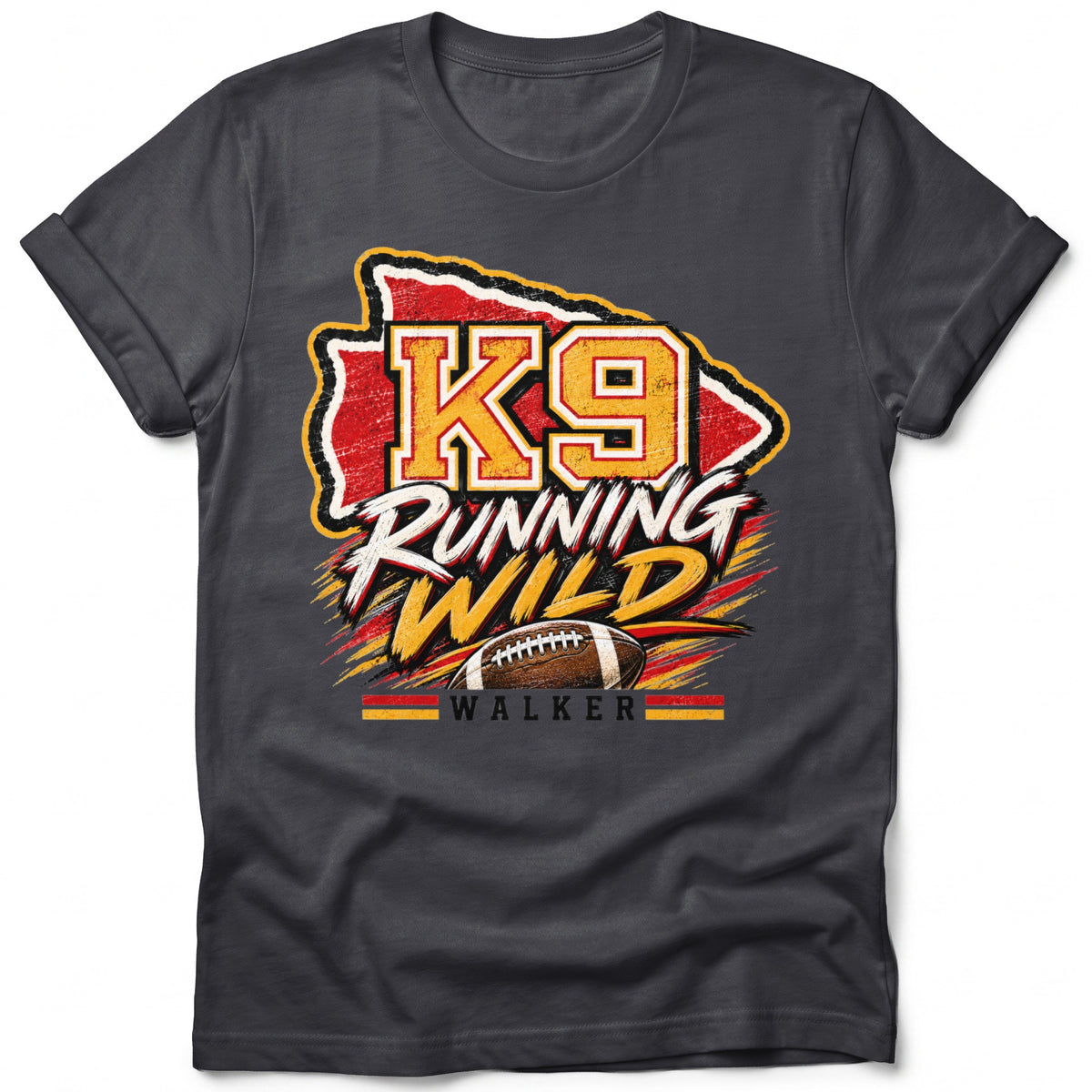 K9 Running Wild graphic on a charcoal t-shirt with a football and name WALKER.