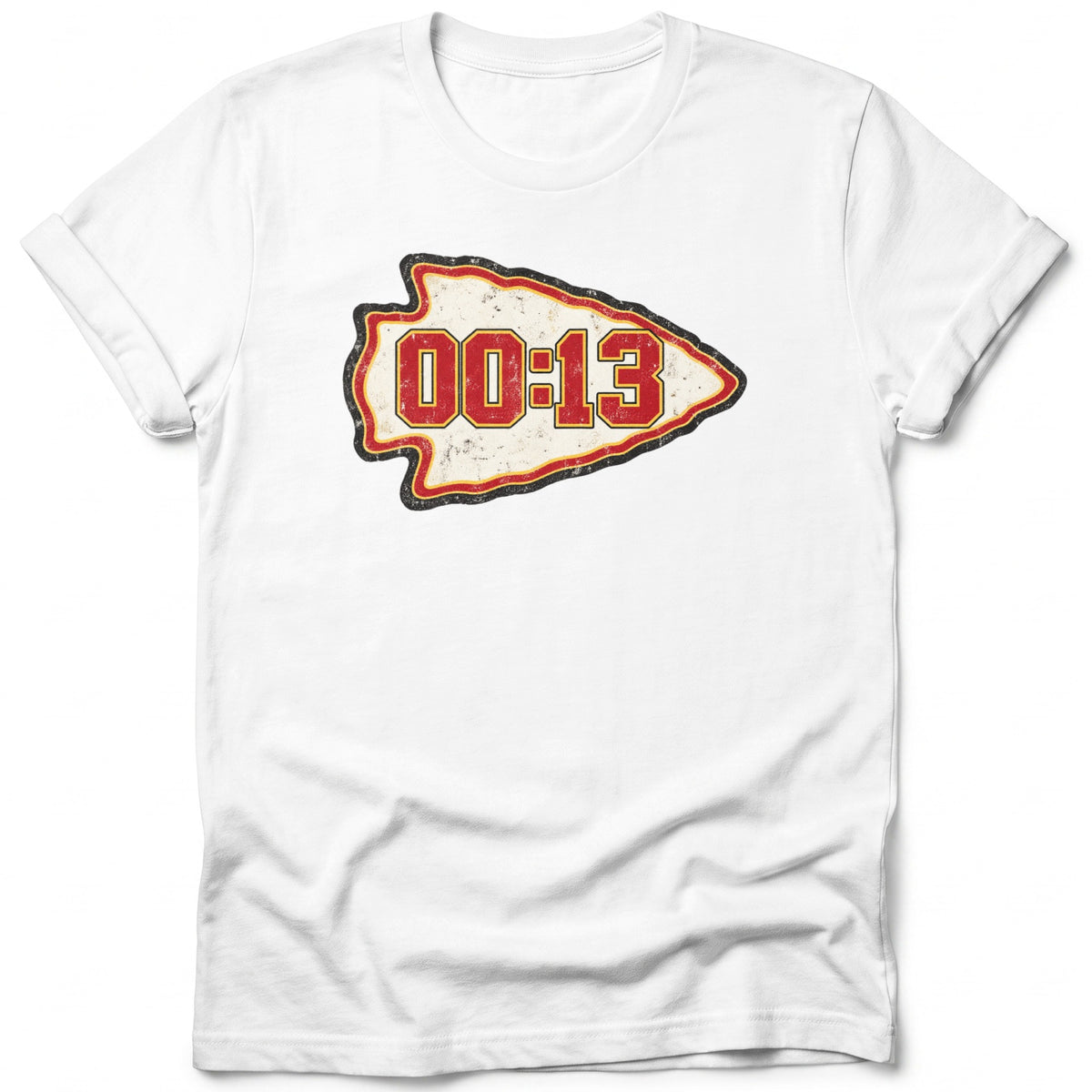 White t-shirt with red and gold arrowhead graphic displaying "00:13".
