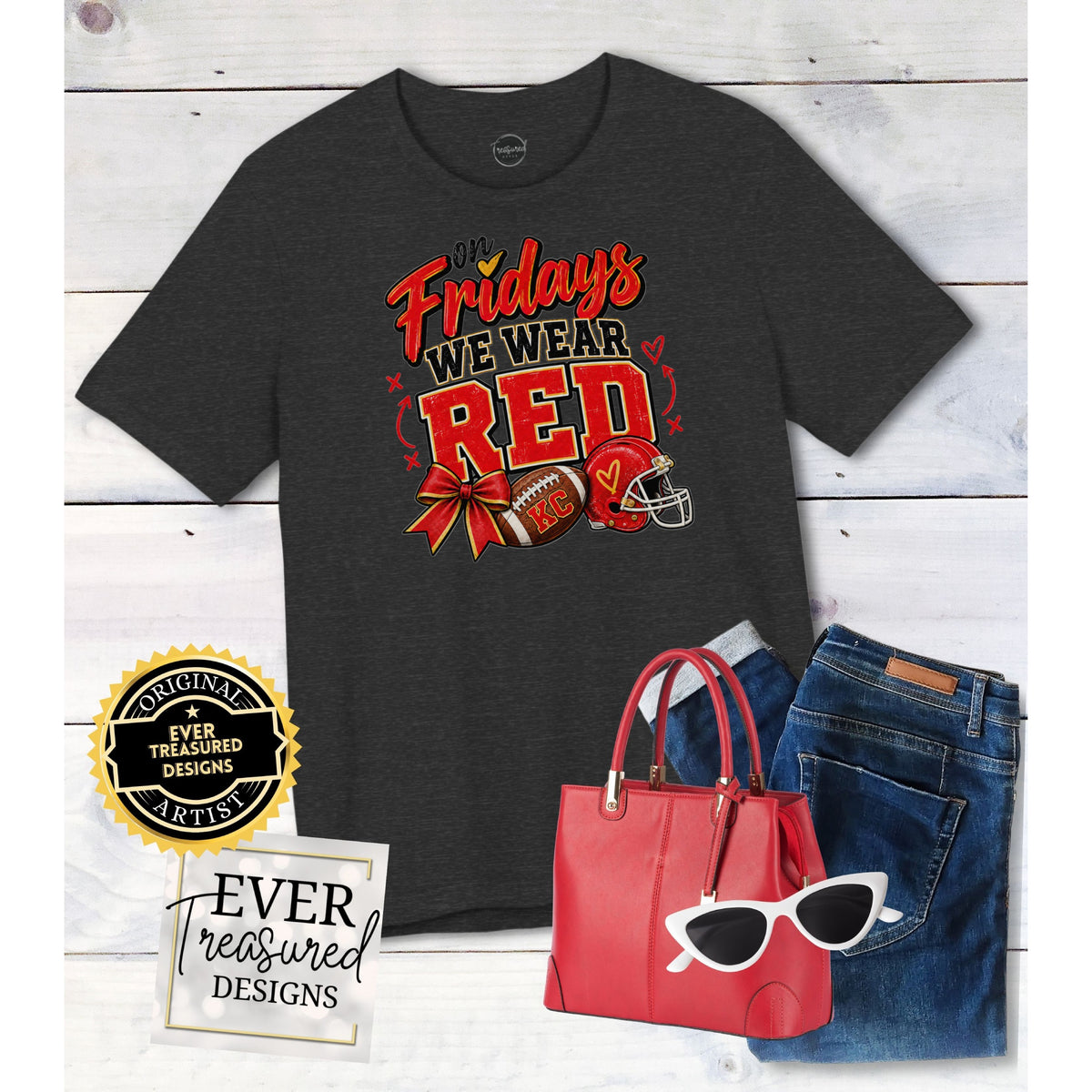 Dark t-shirt with red text "On Fridays we wear RED", football, helmet, bow, jeans, purse and sunglasses.