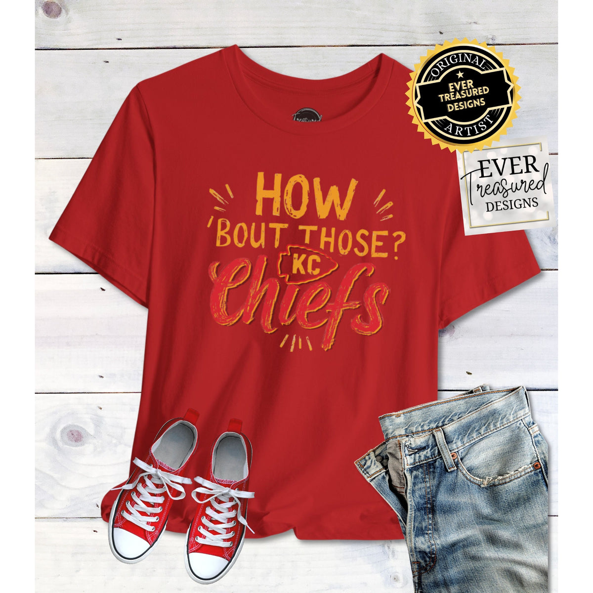 Red t-shirt with "How 'Bout Those Chiefs?" graphic and KC logo.