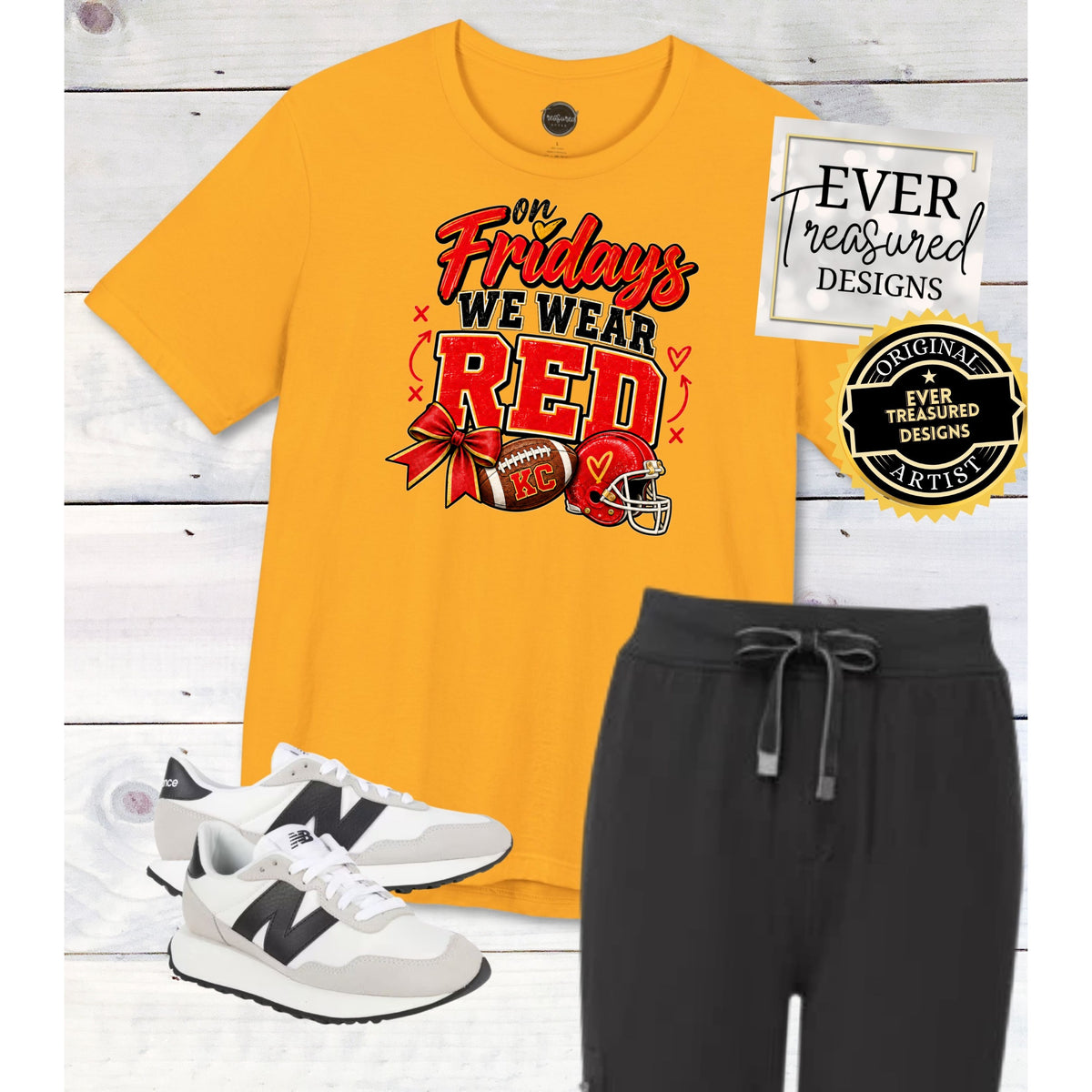 Yellow t-shirt with "On Fridays we wear RED" text, football, helmet, and ribbon graphic.