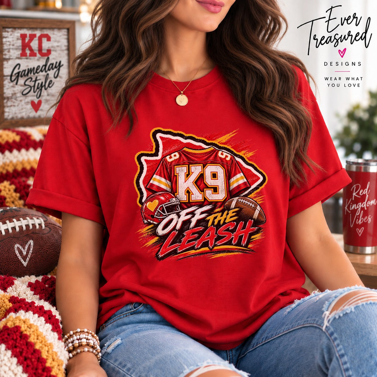 Red t-shirt with K9 football graphic and text "OFF THE LEASH".