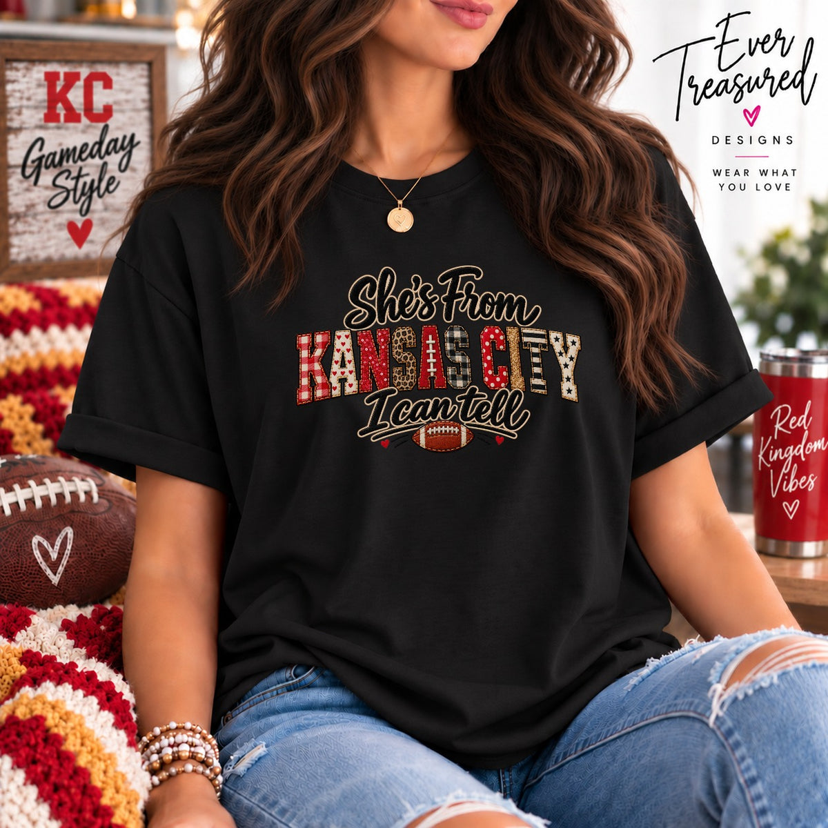 Black t-shirt with "She's From Kansas City I can tell" text design.