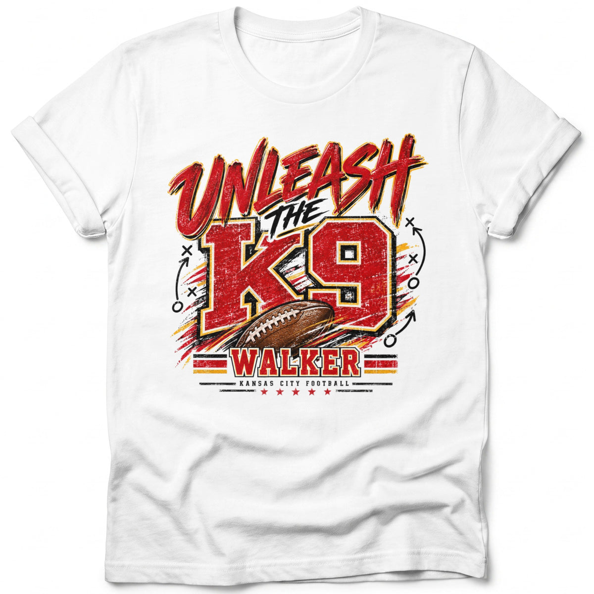 White t-shirt with "UNLEASH THE K9 WALKER KANSAS CITY FOOTBALL" graphic and football.