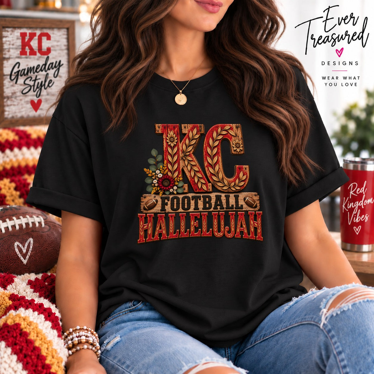 Black t-shirt with "KC FOOTBALL HALLELUJAH" text and football graphics.