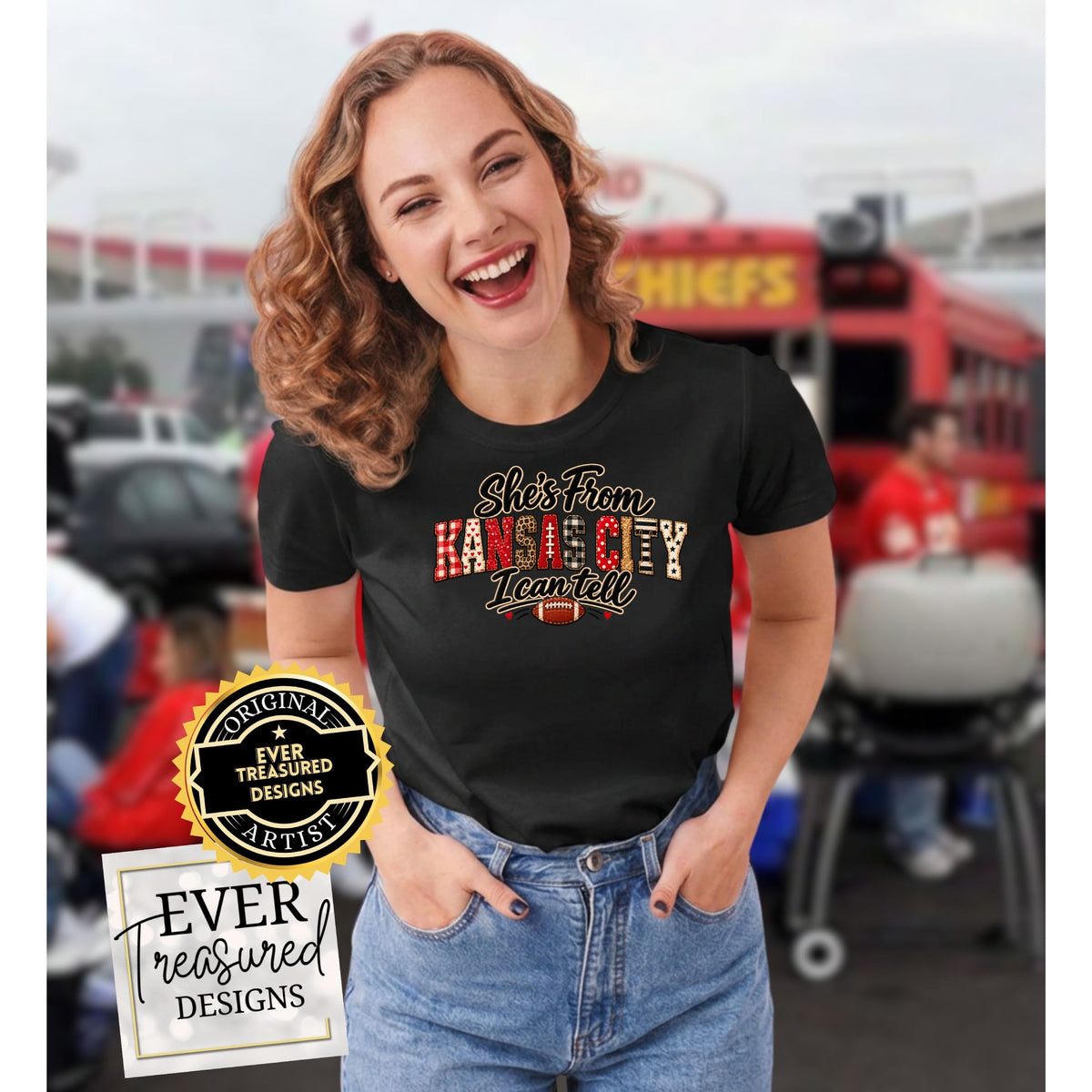 Black t-shirt with "She's From Kansas City I can tell" text and football graphic.