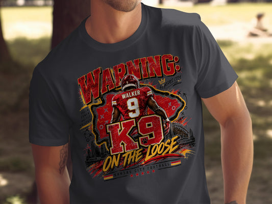 WARNING: K9 ON THE LOOSE with Kansas City football player Walker and stadium graphic.