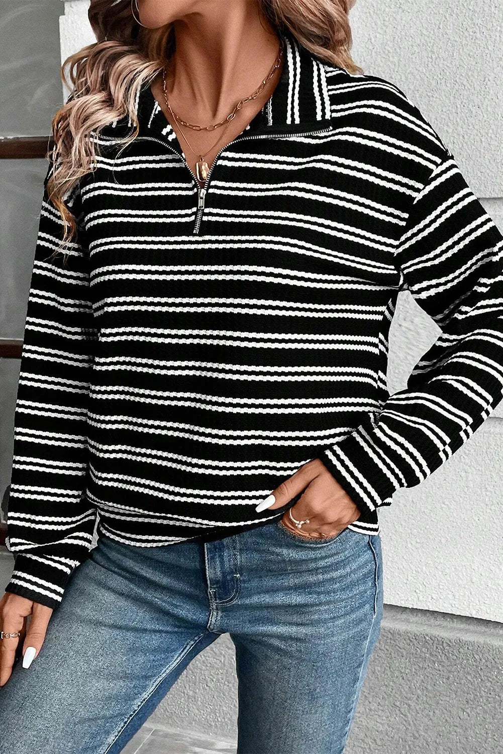 Striped Half Zip Long Sleeve Pullover