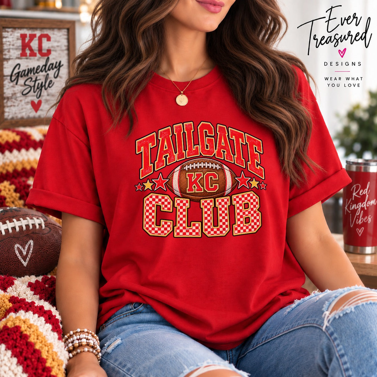 Red t-shirt with "Tailgate KC Club" text and a football.