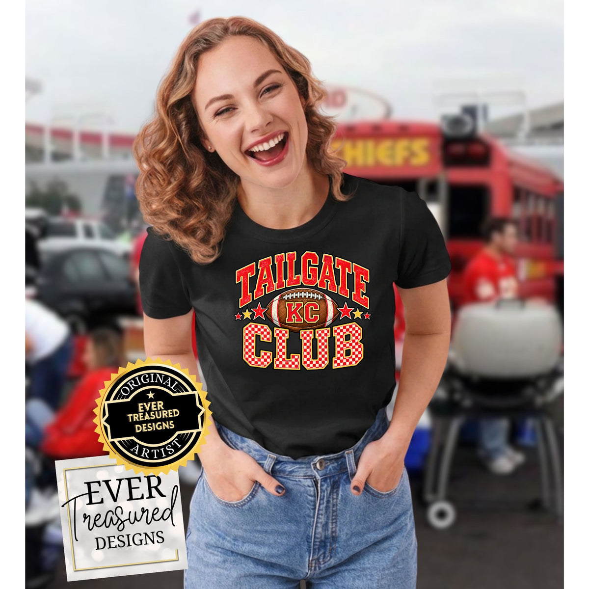 Black t-shirt with "Tailgate KC Club" and football graphic, woman smiling.