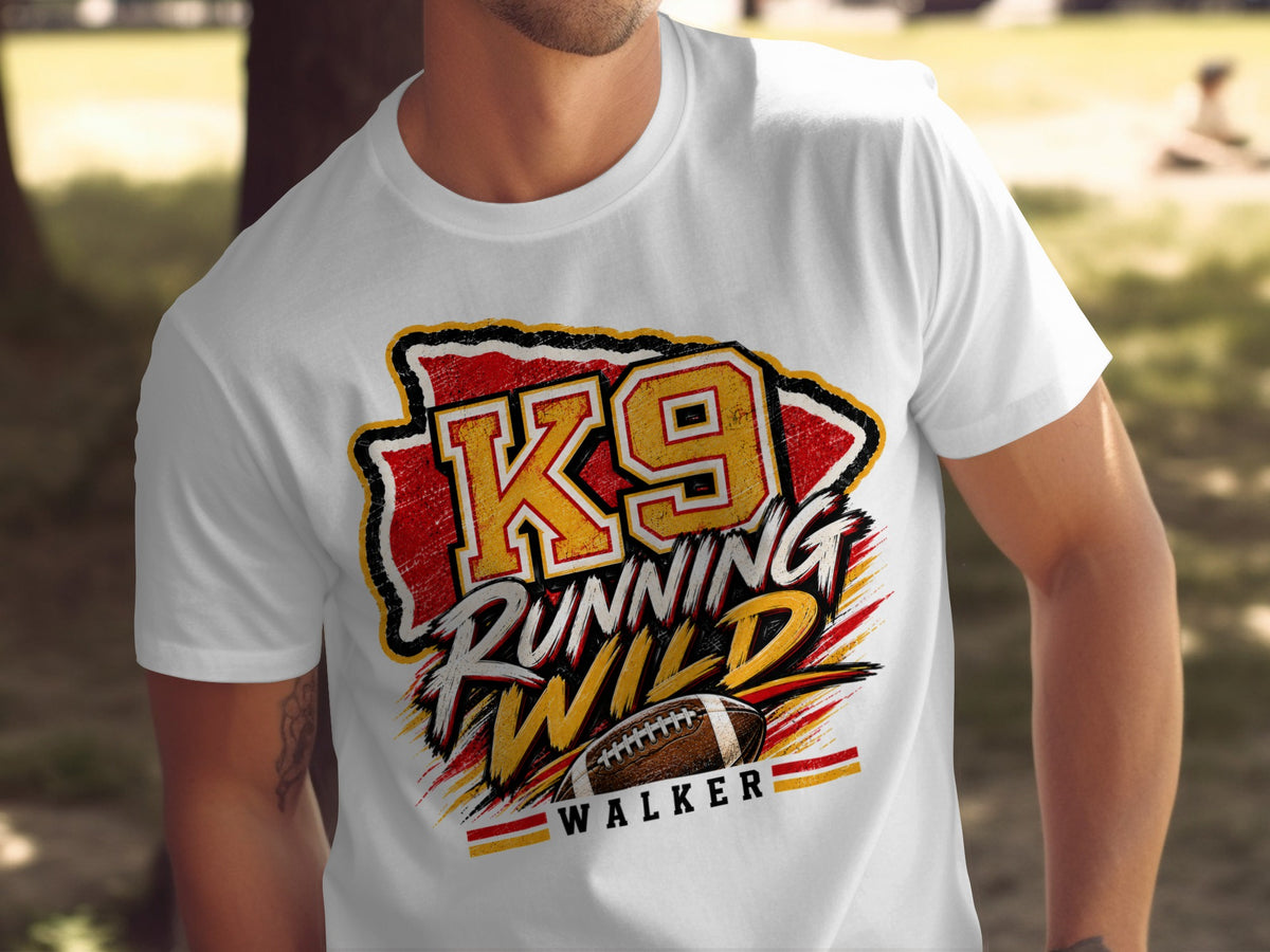 White t-shirt with "K9 Running Wild" text, football, and "Walker".