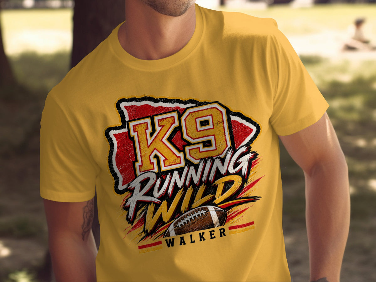 Yellow t-shirt with K9 Running Wild graphic and football, text Walker.