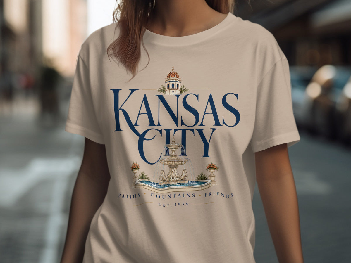 Kansas City text with fountain illustration and "Patios, Fountains, Friends Est. 1838"