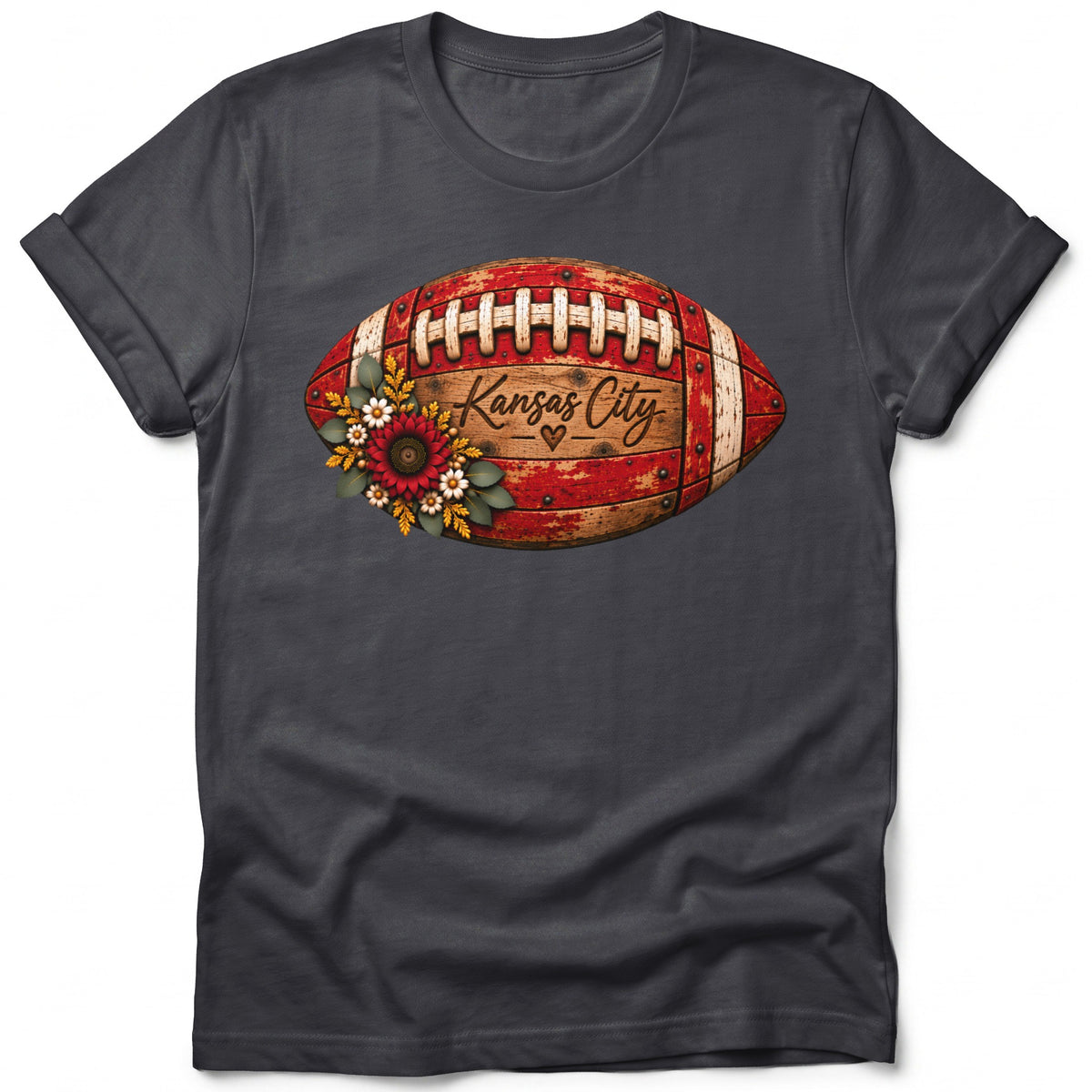 Dark gray t-shirt with a distressed football graphic featuring "Kansas City".