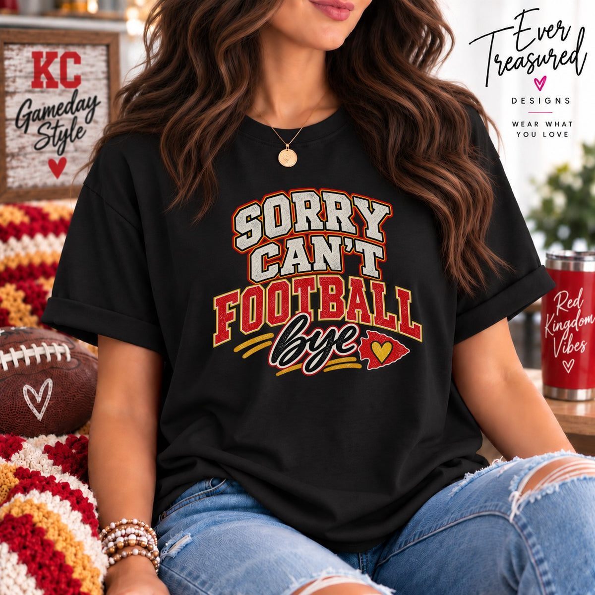 Black t-shirt with "Sorry Can't Football Bye" graphic and heart arrow.