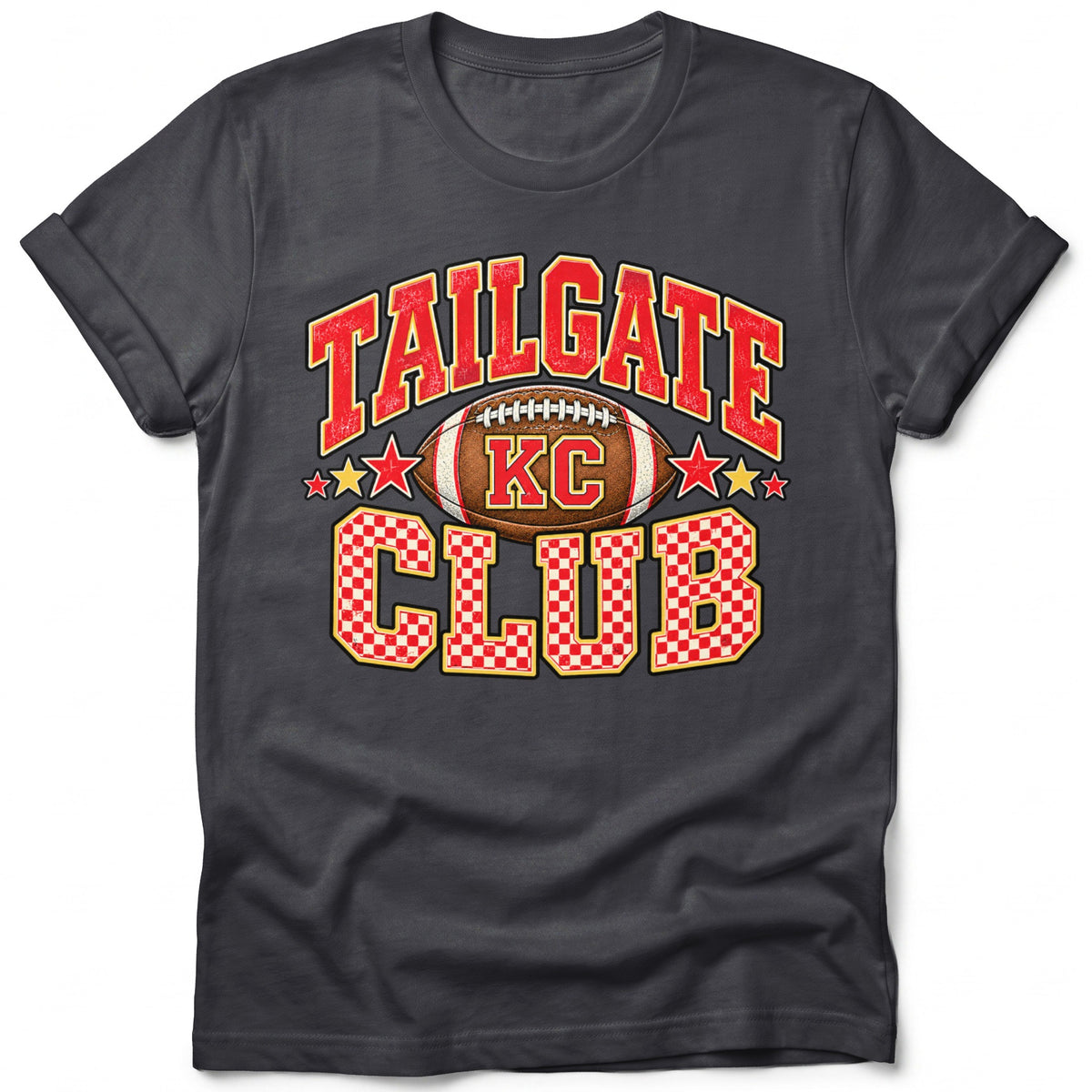 Dark gray t-shirt with "Tailgate Club" and "KC" football graphic.