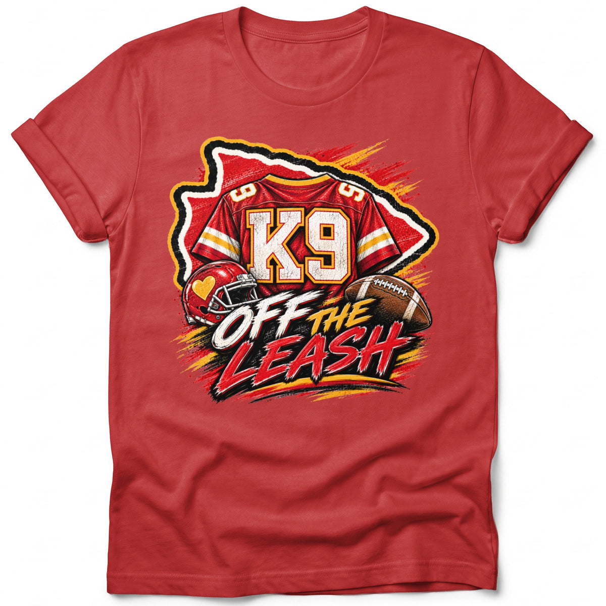 Red t-shirt with K9 football jersey, helmet, and football design reading "Off The Leash".
