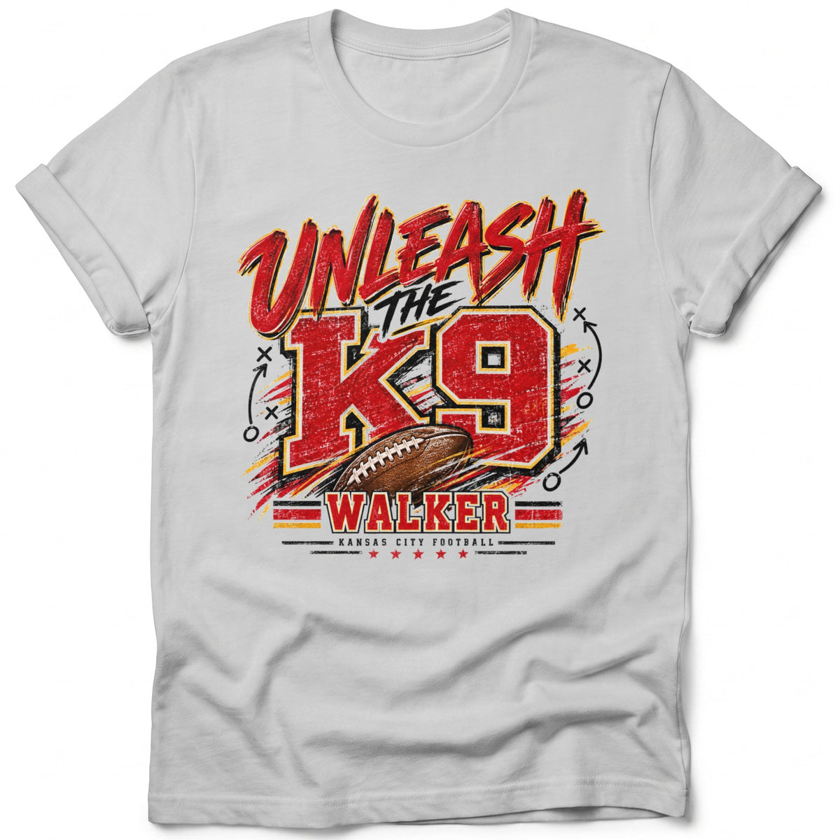 Kansas City Football Walker K9 graphic t-shirt with football and play diagram.