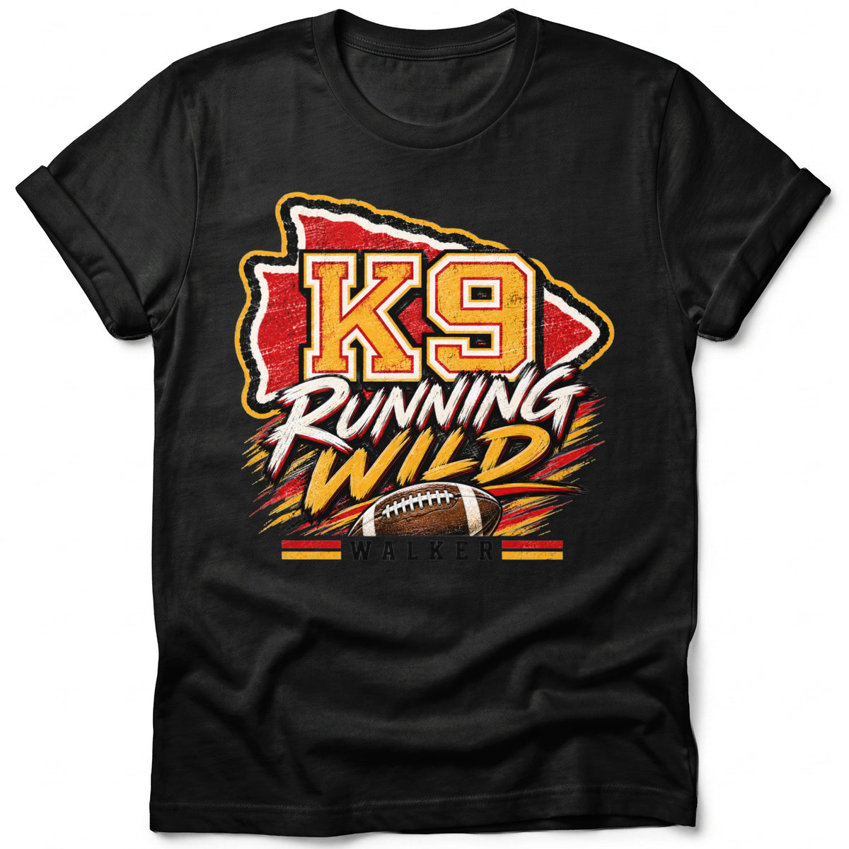 Black t-shirt with "K9 Running Wild" text and a football.