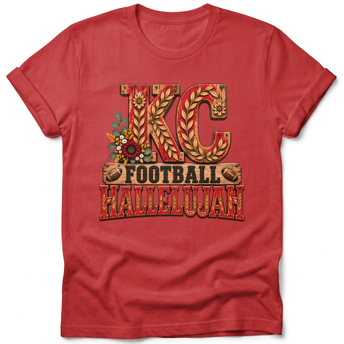 Red t-shirt with "KC FOOTBALL HALLELUJAH" graphic and floral accents.