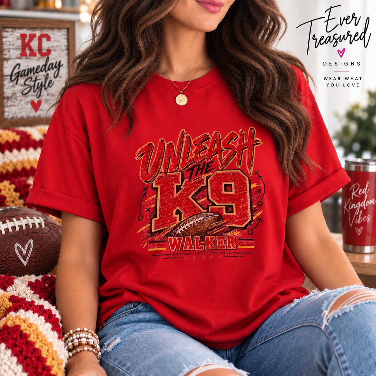 Red t-shirt with "Unleash the K9 Walker Kansas City Football" graphic.