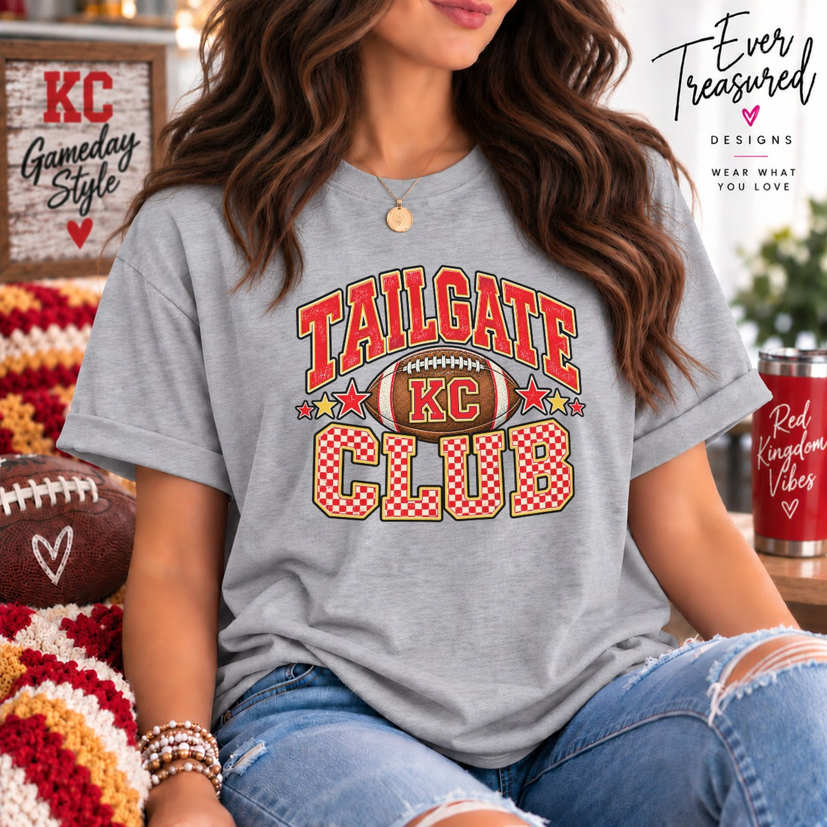 Grey t-shirt with "Tailgate Club" graphic, football, and KC logo.