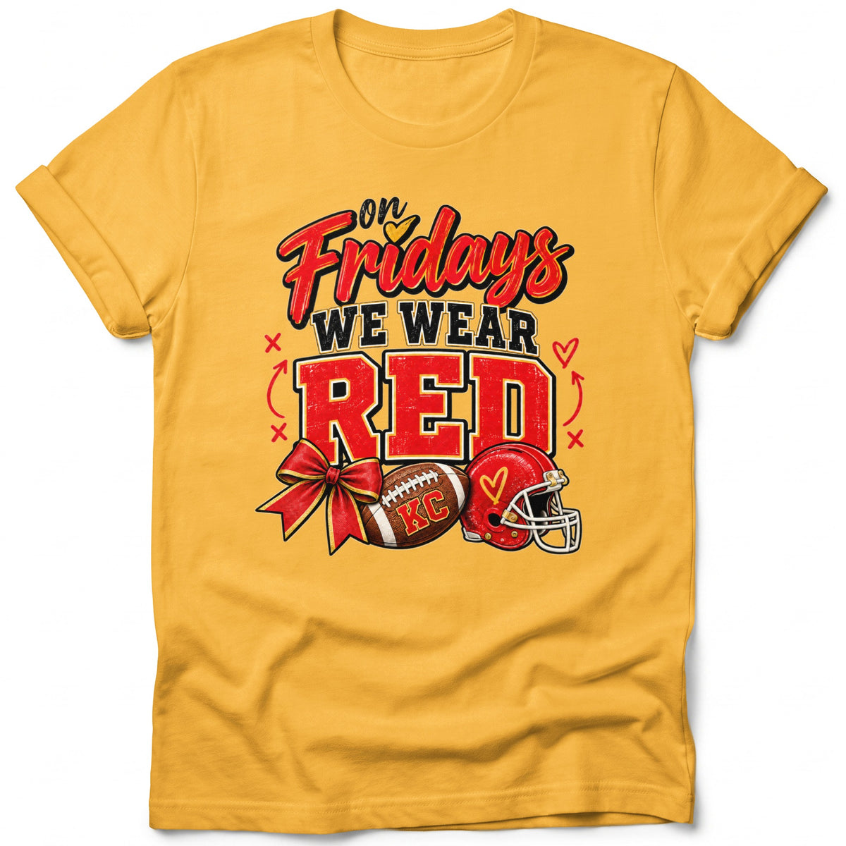 Yellow t-shirt with "On Fridays We Wear RED" text, football, and helmet.