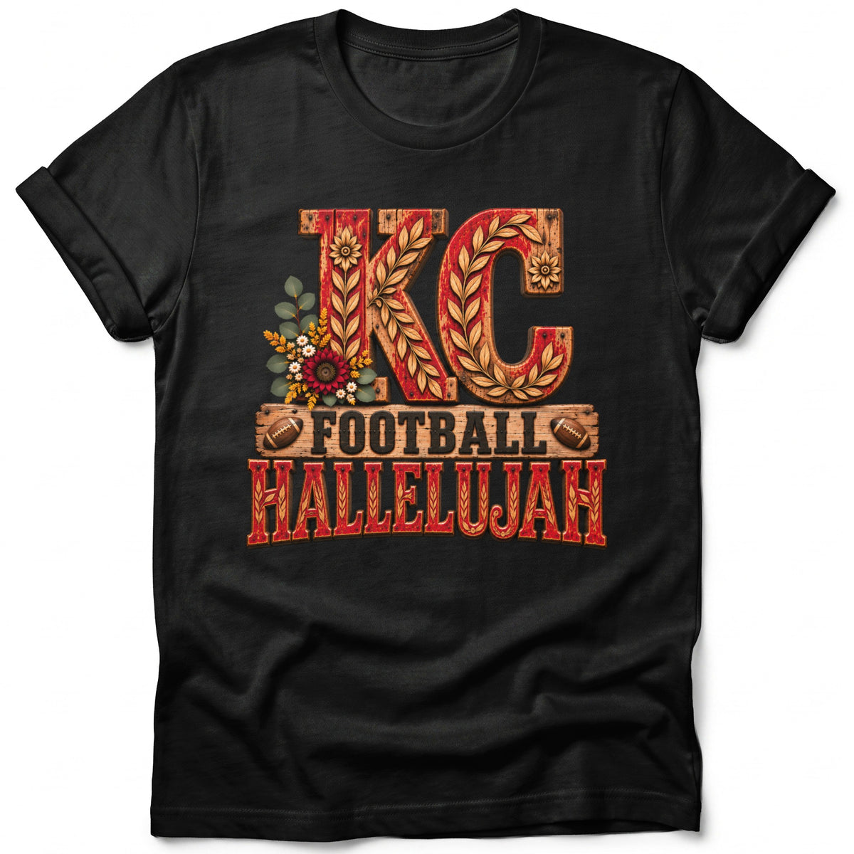 KC Football Hallelujah graphic with floral and football accents on black t-shirt.