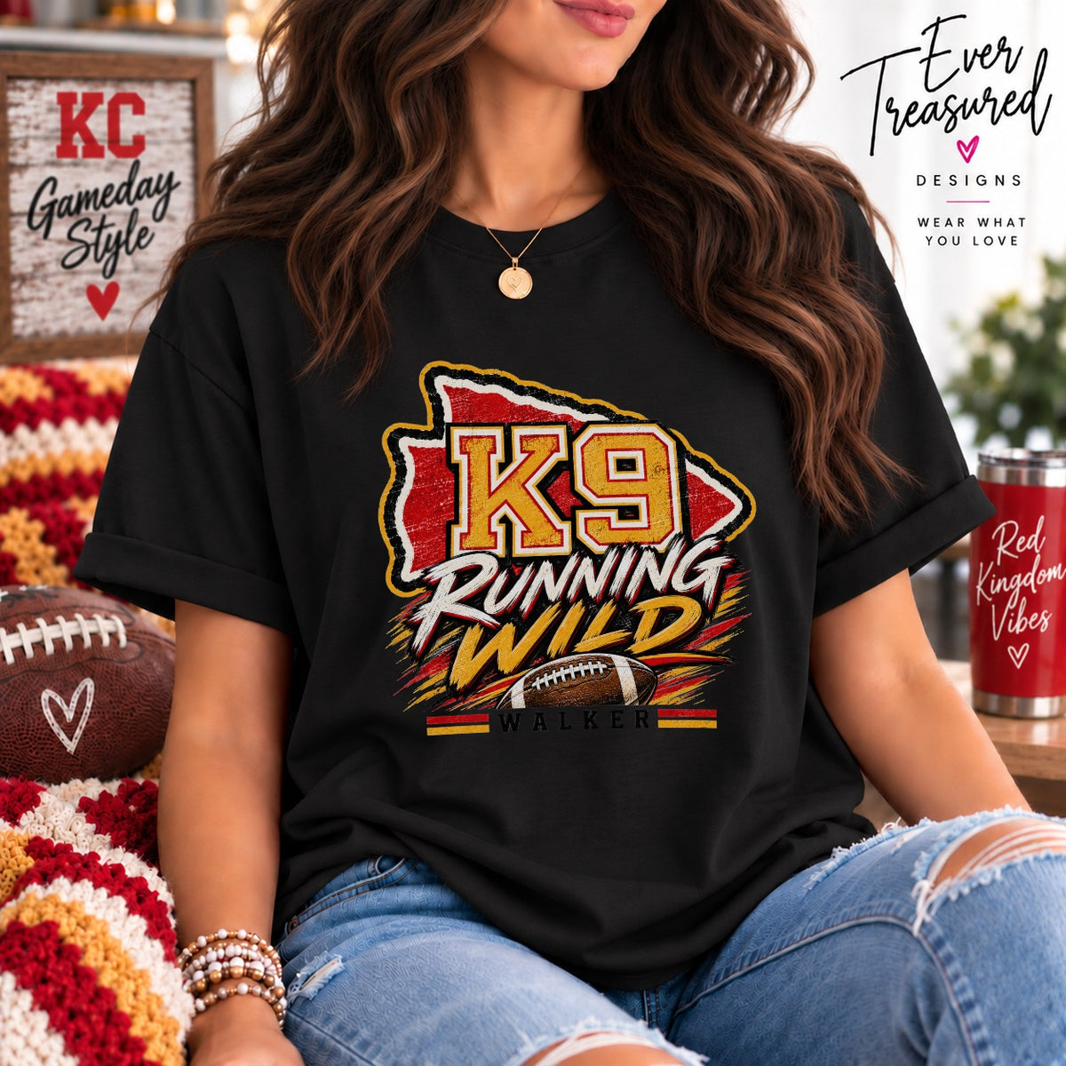Black t-shirt with "K9 RUNNING WILD WALKER" graphic and football.