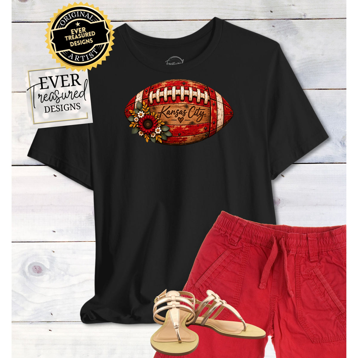 Black t-shirt with a distressed football graphic that says "Kansas City."