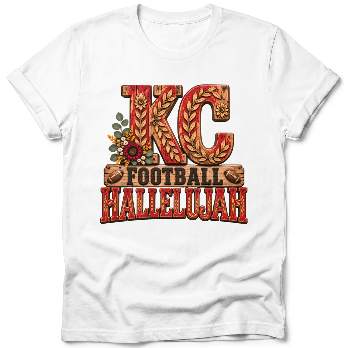 White t-shirt with "KC FOOTBALL HALLELUJAH" text and floral accents.